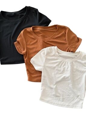 3-Pack Kids Ribbed Tee Set - Black, Rust, Cream size s
